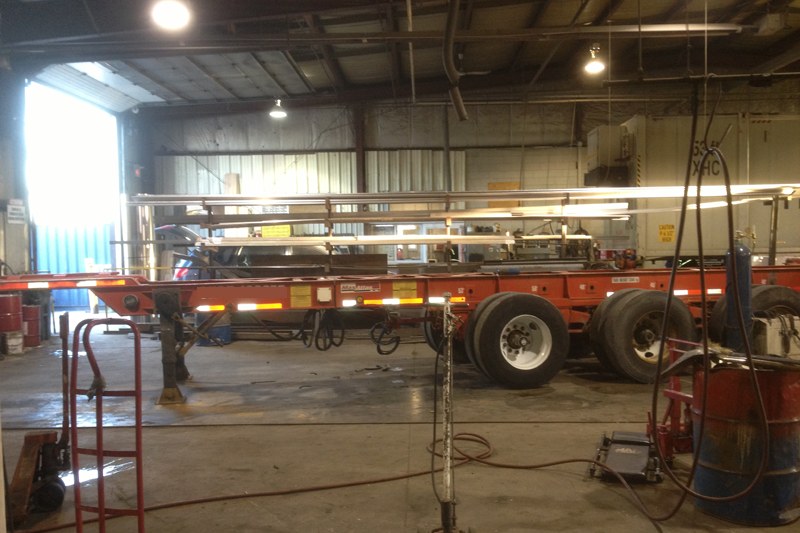 Flatbed trailer being repaired in the Superior shop